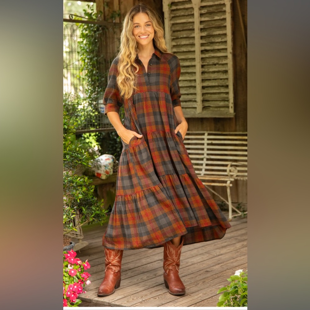 Natural Life NWOT Rebecca Flannel Midi Dress - Black Orange Plaid - XL